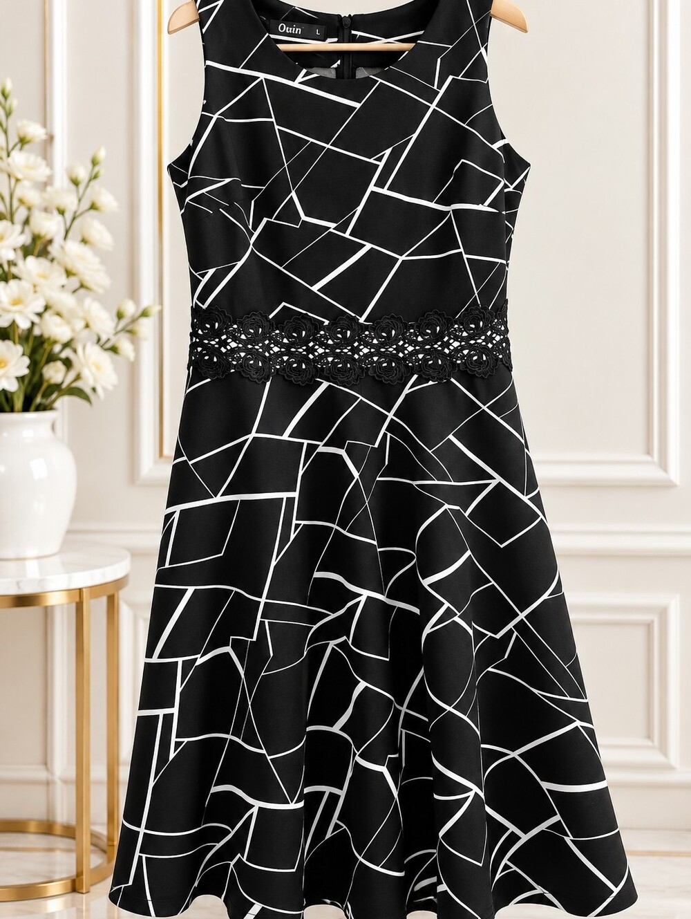 Ouin Black & White Geometric Midi Dress with Lace Waist